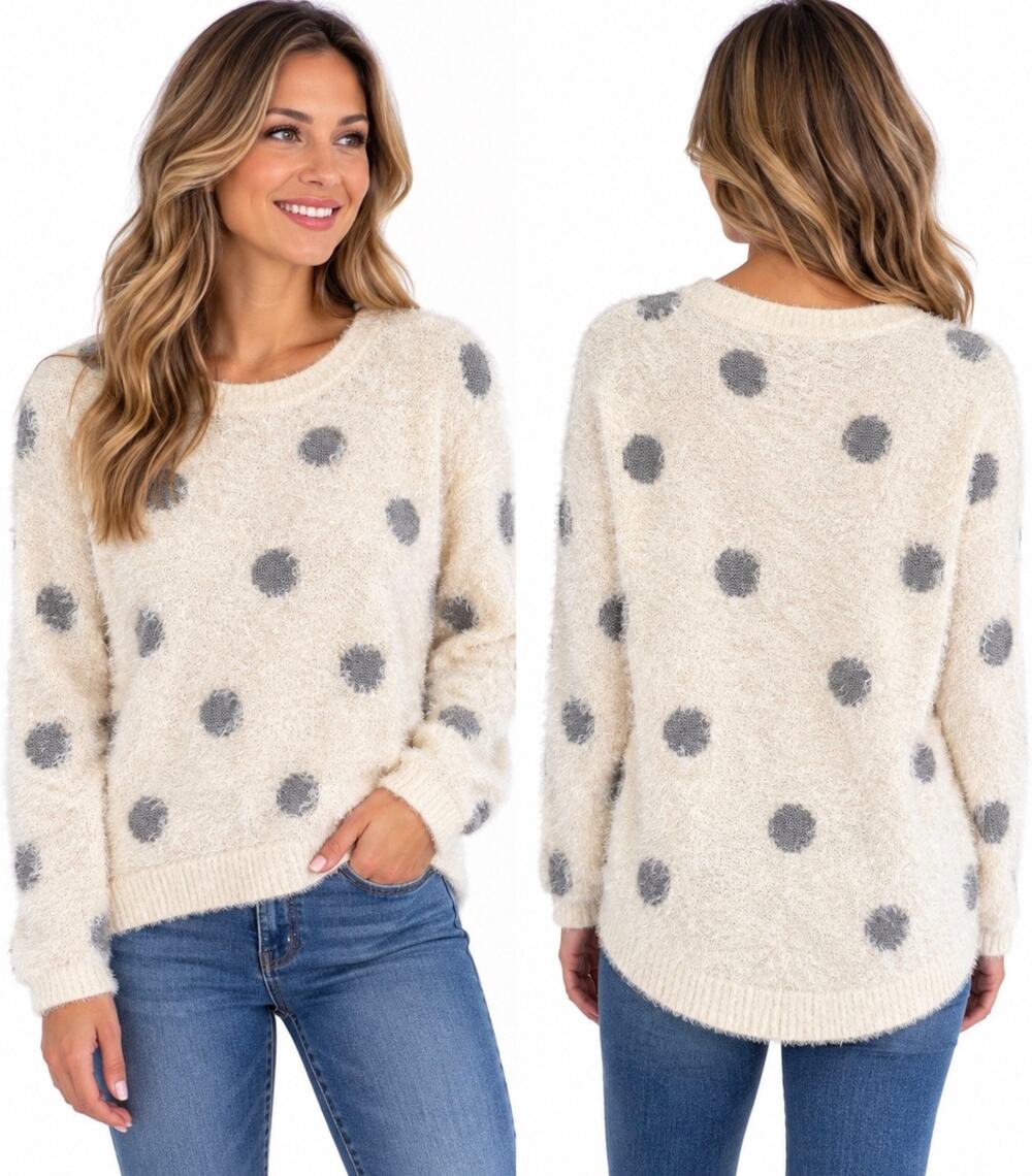 LC Lauren Conrad Sweater Womens M Cream Gray Polka Dot Fuzzy Eyelash Hi Low